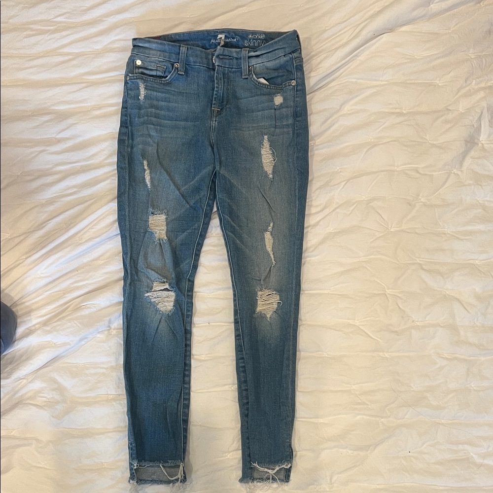 7 For All Mankind Distressed Skinny Jeans in Blue